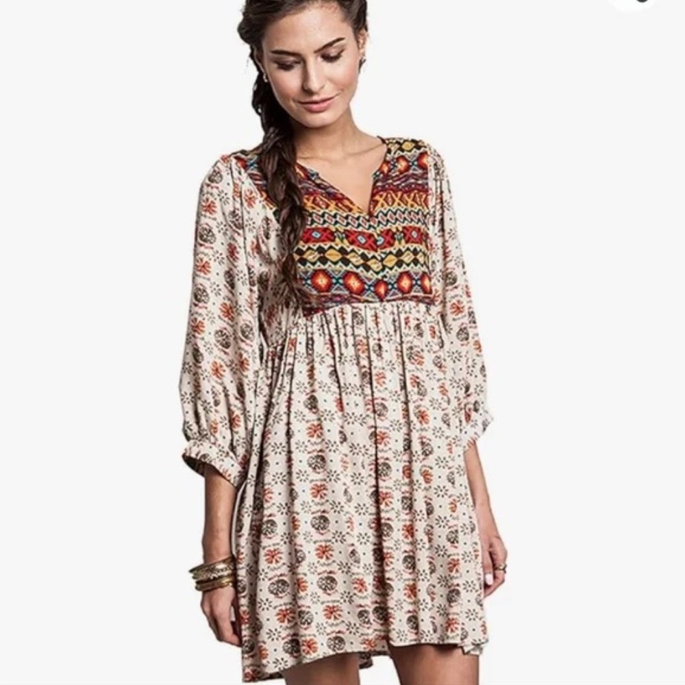 Umgee Women's Boho Chic Paisley Peasant Printed Baby Doll Dress/Tunic Sz Small